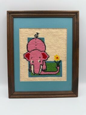 Vintage Framed Needlepoint Embroidery Pink Elephant with Flower 11x9